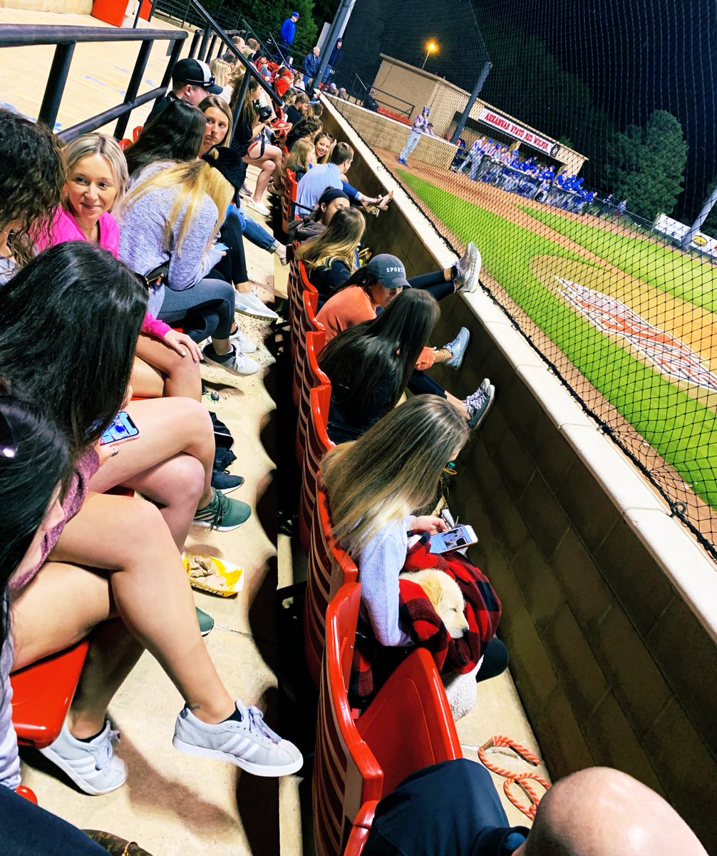 kdamp's tweet photo. Welp, we loaded the bases but just couldn’t get the tying run across. I’ve really enjoyed seeing all the student and alumni support for @AStateBaseball this year (even puppies)! Also great to see our students working for ESPN! Double header on Sunday. #BeatUTA (twice!). 
❤️🐺🆙 https://t.co/5J1QAvVz53