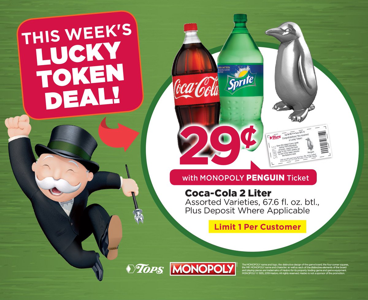 TopsMarkets's tweet photo. It’s Sunday, so you know what that means! #LuckyToken time! This week’s #LuckyToken is the Monopoly Penguin! If you have the #LuckyToken you’ll receive a GREAT deal on Coca-Cola 2 liter! Visit https://t.co/3B5P8nWkkH and view our weekly ad for more amazing deals! #TopsMonopoly https://t.co/uS5IpYGrdT