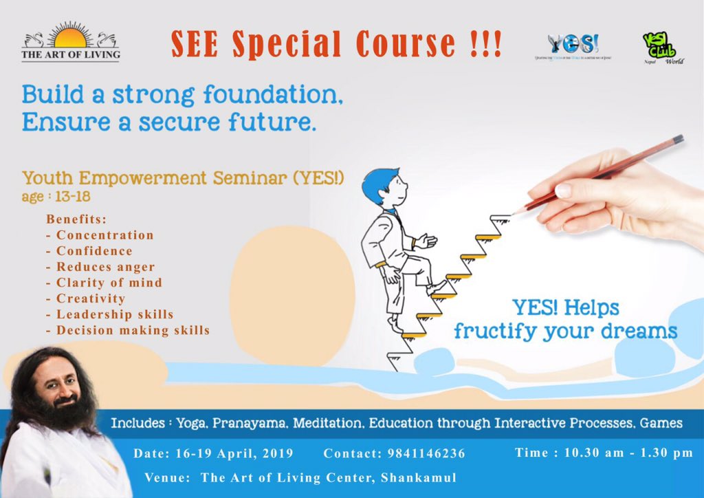 perbeteshor's tweet photo. A great opportunity for SEE students to explore their potential and upgrade themself..... Register yourself to new dimension of your life π >>>>
Bonuses:
Career counseling-Future Planning
#YesCourse (14-17 years)
#SEEStudents
#SanoUmerThuloSoch
#TheArtofLivingNepal https://t.co/8dixew2rYg