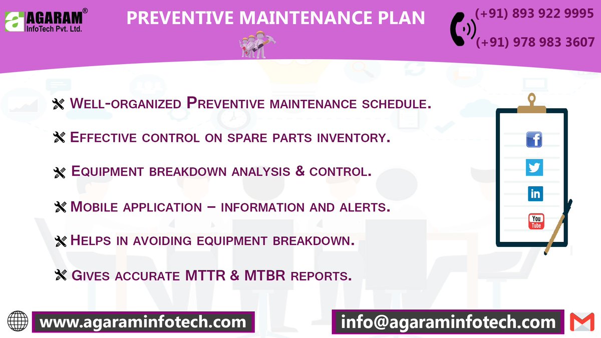 AgaramInfoTech's tweet image. Agaram Infotech designs the most flexible preventive maintenance plan to support your business move towards success and growth. It reduces the chances for loss of the company.
#PreventiveMaintenancePlan #AgES #PredictiveMaintenancePlan #ERP #AgaramInfoTech