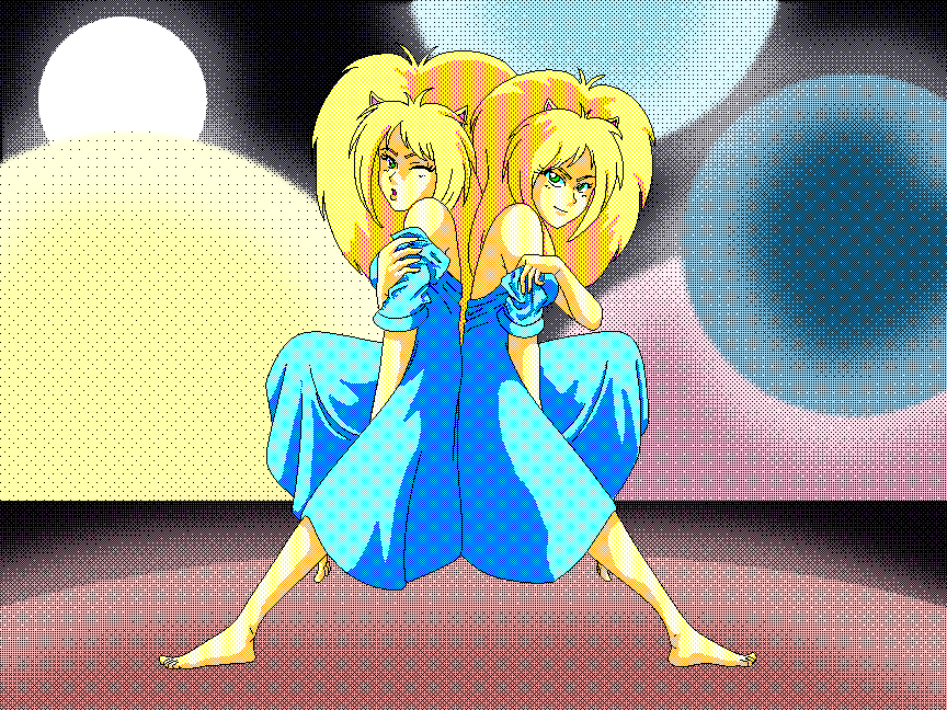 tedbob84's tweet photo. Still got a bit to learn, but here's my attempt at re-creating the Puma Sister's scene from Dominion Tank Police in a PC-88 graphic style!  I'll admit, it's been a lot of fun!  #pc88 #dominiontankpolice #pumasisters https://t.co/Y4pGmdSVjs