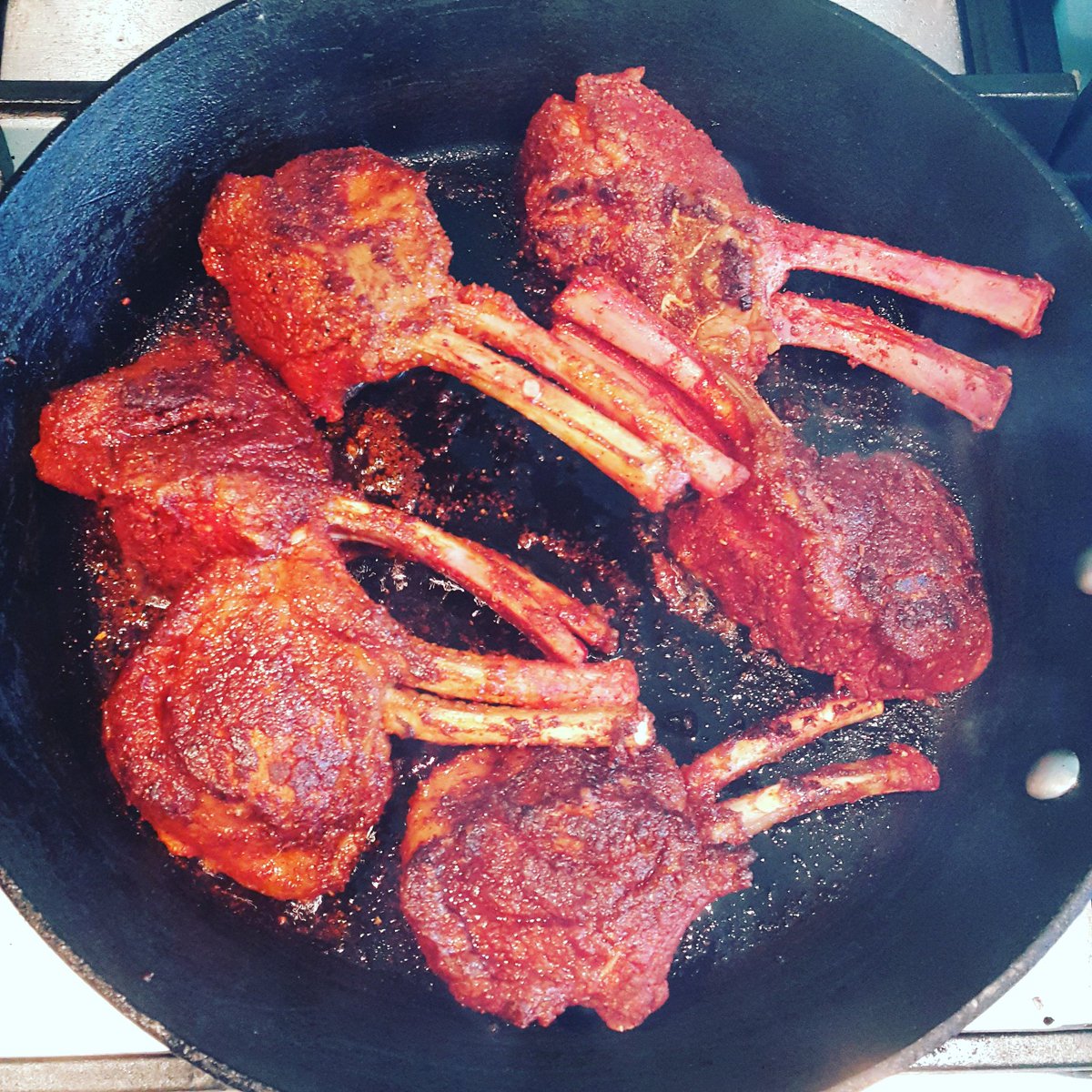 asgard's tweet photo. Spicy #lambracks being browned before going in the oven. Will be paired with fried #haloumicheese mmm yum. #keto #yes2meat #ketosis https://t.co/x2U3jQojk3