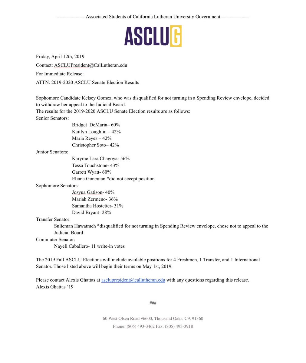 Spring 2019 Senate Election results