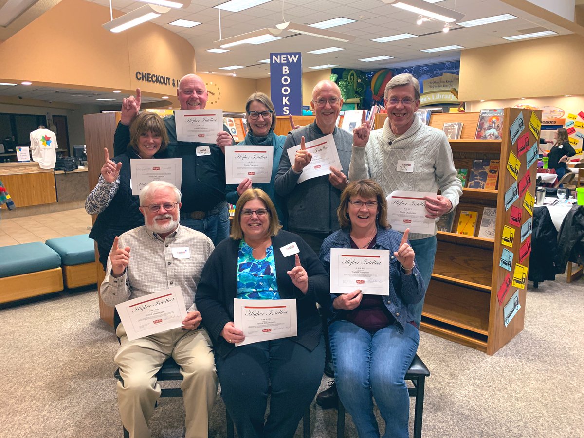 TriviaTour's tweet photo. Congrats to the “Brain Trust” for their victory tonight at the Bismarck Public Library Art of Books annual event!  Their Hogger earned them bragging rights for the next year!  #HoggerTime https://t.co/vssz8rkL3h