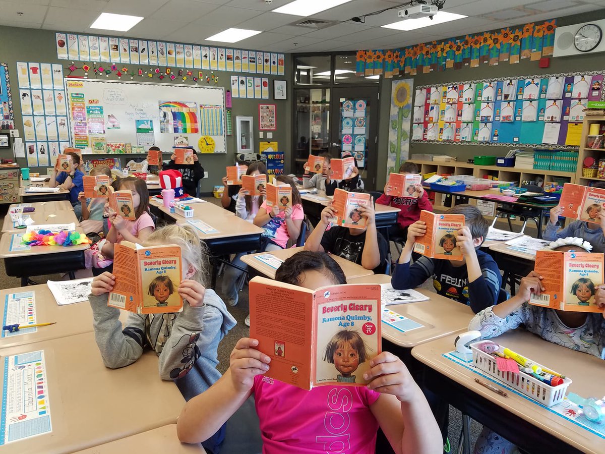HeronSchool's tweet photo. Our 2nd Graders enjoyed some extra reading time in celebration of Beverly Cleary's 103rd Birthday today! When Ms. Cleary was asked in a recent interview what she was most proud of, she answered, "That children love my books." Yes, we do! #BeverlyCleary #FlyersSOAR @NatomasUSD https://t.co/NczoAeAVVI