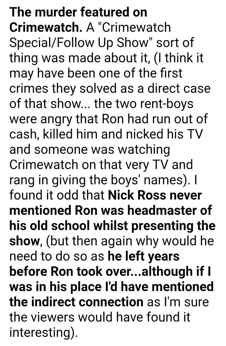 Similarly, it is equally surprising that neither Nick Ross nor Fiona Bruce (Jill Dando replacement) mentioned that they were alumni of Wallington Grammar and Haberdashers' respectively, albeit at different times, when presenting the Ron Harrison murder on Crimewatch.