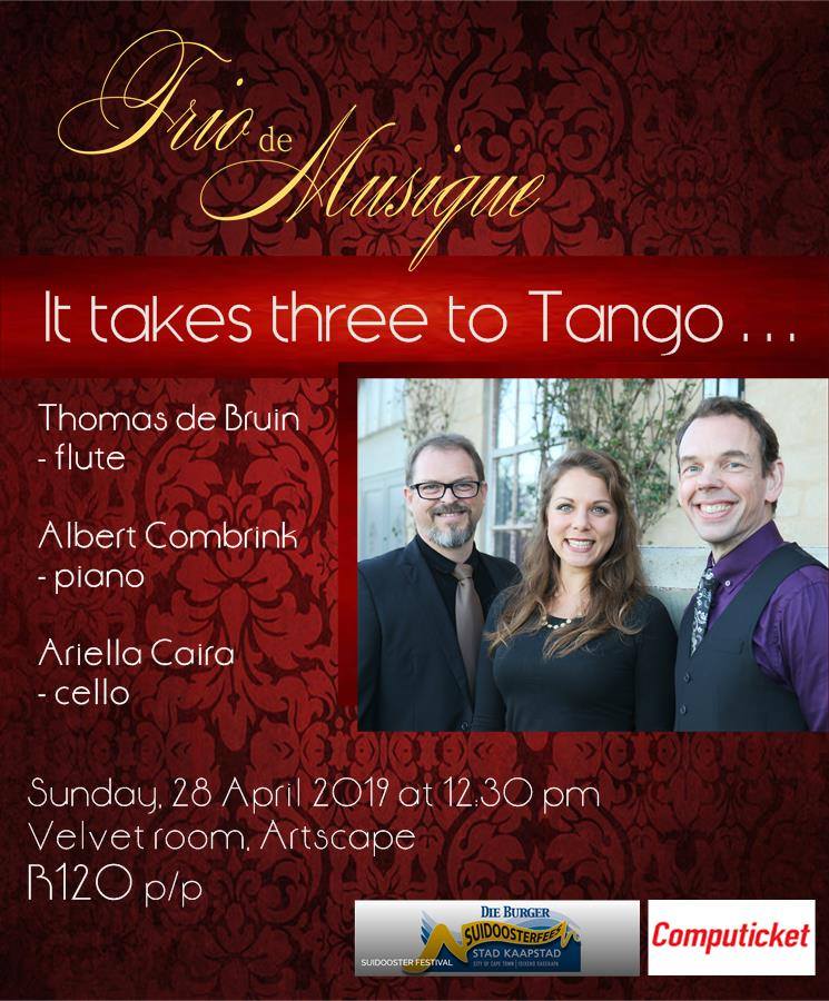 albertcombrink's tweet photo. Catch #TrioDeMusique @Suidoosterfees on 28 April, 12;30 pm at the Velvet Lounge @ArtscapeTheatre, with #AriellaCaira &amp; #ThomasdeBruin from #UnvoicedTheAlbum playing a Classical Tango Crossover programme with surprises. 

@Thomasflute Book @Computicket https://t.co/I2UsfLucwl