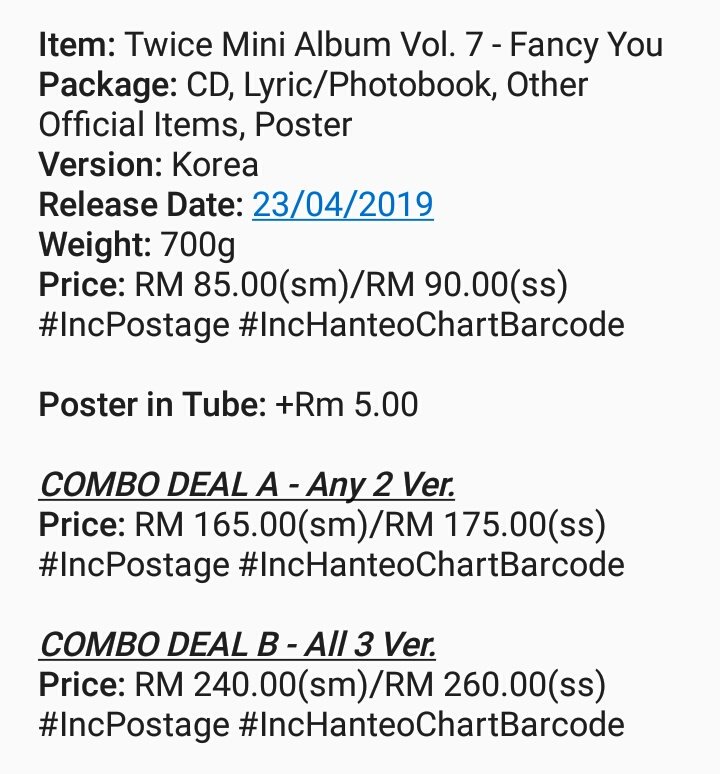 KGroupOrderMY's tweet photo. [MY GO/RT @kpop_pers]

#TWICE 7th Mini Album - Fancy You
Price: Rm 85.00(sm)/RM 90.00(ss)
#IncPostage #IncHanteoChartBarcode

Poster in Tube: +RM 5.00

COMBO DEAL (Buy more, More discount) - check 3rd pic

To order:https://t.co/9U7Jvj71y9 https://t.co/9CGgIDnMh8