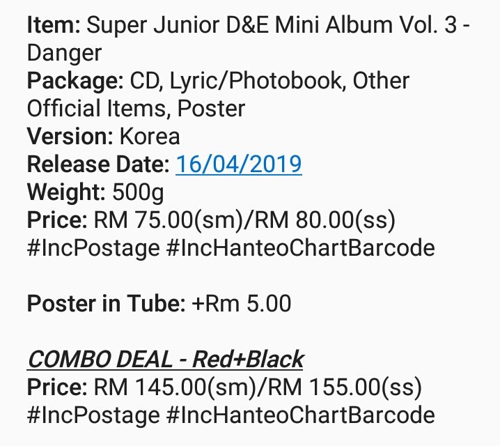 KGroupOrderMY's tweet photo. [MY GO/RT @kpop_pers]

#SuperJuniorDnE 3rd Mini Album - Danger
Price: Rm 75.00(sm)/RM 80.00(ss)
#IncPostage #IncHanteoChartBarcode

Poster in Tube: +RM 5.00

COMBO DEAL - Black+Red
Price: RM 145(sm)/RM 155(ss)
#IncPostage #IncHanteoChartBarcode

To order:https://t.co/9U7Jvj71y9 https://t.co/D1SuWeyR4m