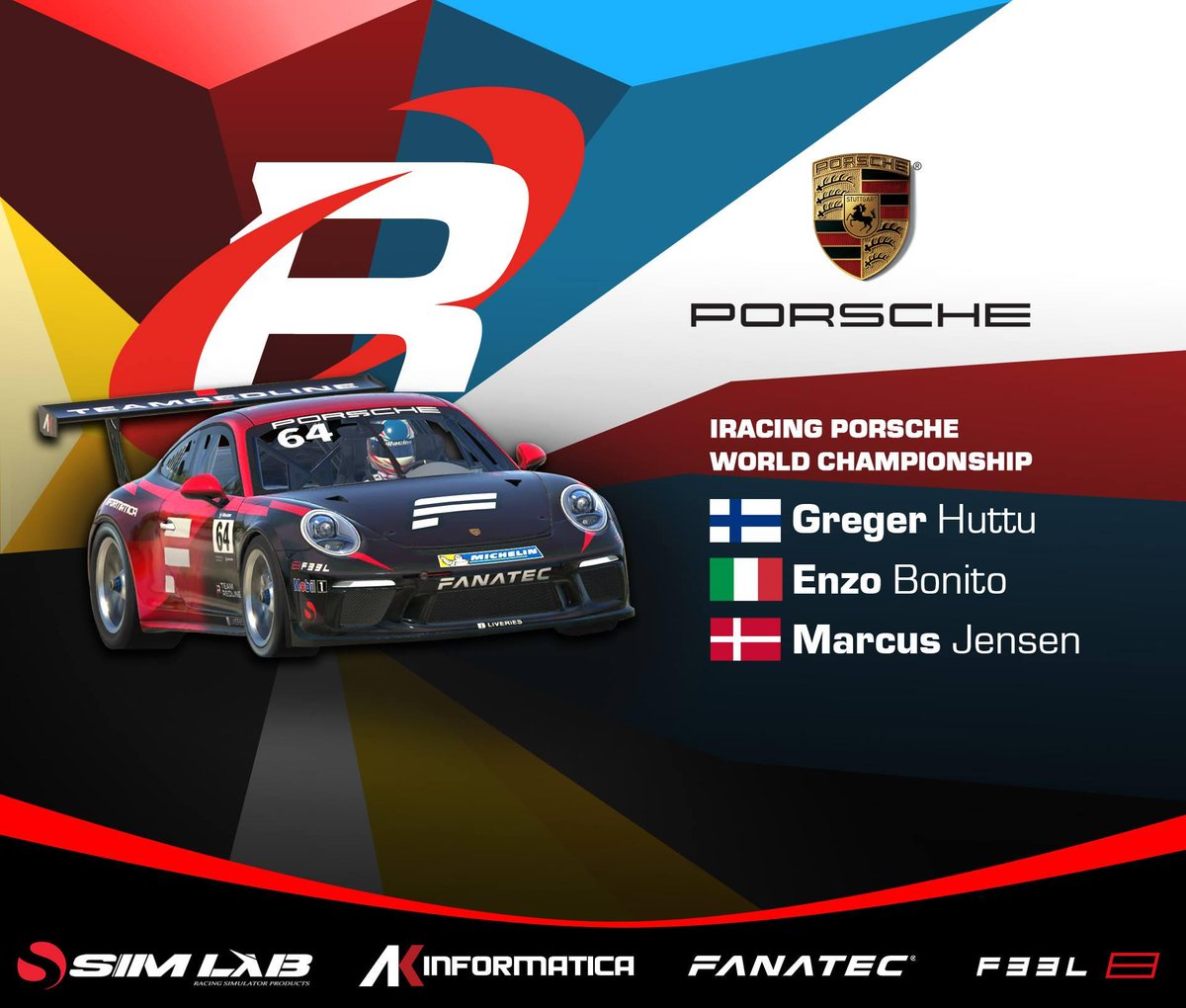 VerstappenSim's tweet photo. Race time!  @gregerhuttu @EnzoBonito17 &amp; @Marcus_Jensen_ are competing shortly in the @iRacing @PorscheRaces World Champs!  Going to be mega tight!! 💪 😅

Good luck guys!!! @fanatec @F33Lgg @SimLab_eu @AkInformatica https://t.co/S6QDKMk9T9