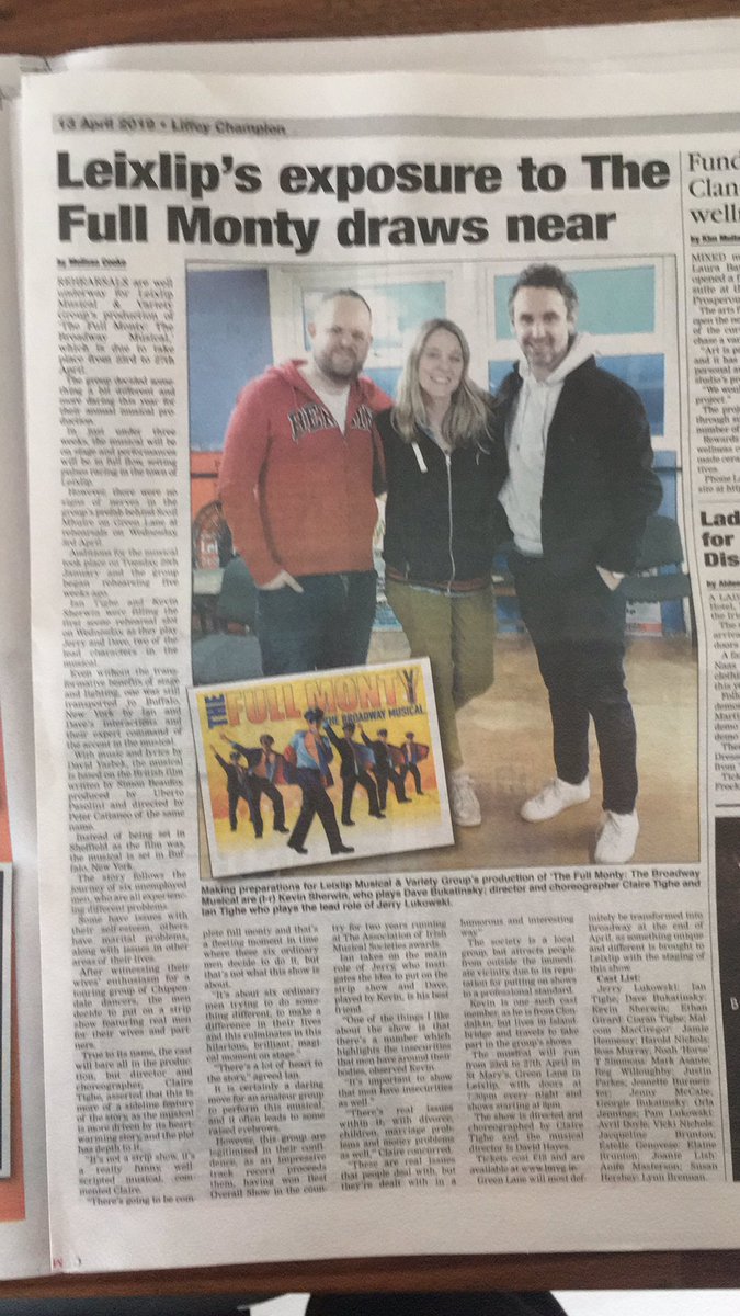 Thanks <a href="/LiffeyChamp/">Liffey Champion</a> for the great article in this week’s paper. Opening in 10days. Tickets at lmvg.ie #LMVG #AIMS #Leixlip #FullMonty