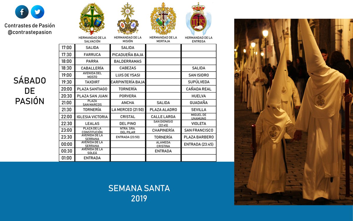 ContrastePasion's tweet photo. ¡Hoy es Sábado de Pasión! Estos son los horarios/sincronizados de la cofradías que realizarán hoy su salida procesional en Jerez de la Frontera. https://t.co/qxeiG0wg7S