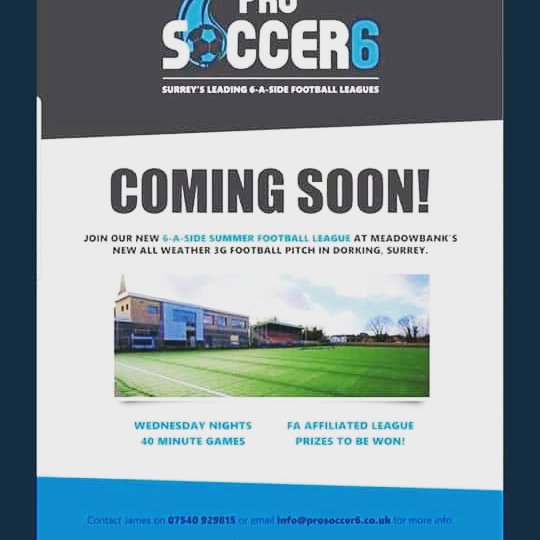 ProSoccer6's tweet image. New League coming soon to Dorking's Meadowbank Stadium Wednesday 29th May, some spaces still available. Message us for details @6Dorking