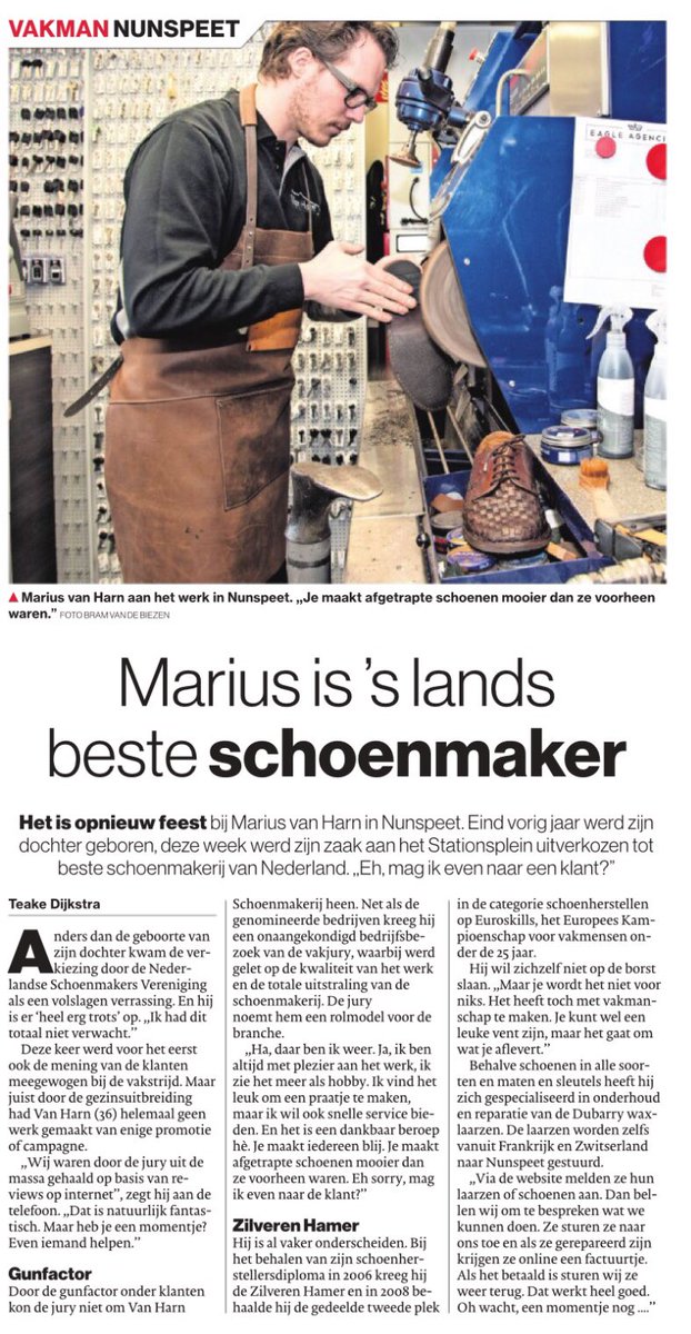 Leuk artikel en terechte waardering vandaag in <a href="/ds_veluwe/">De Stentor Veluwe</a> voor de ‘Hakkenbar’ (de bijnaam van deze schoenmaker in de volksmond). Snelle, goede en betaalbare service. Belangrijk om lokaal ondernemerschap te waarderen. Van meerwaarde voor Nunspeet!