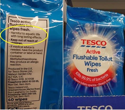 Absolutely shocking to see that #Tesco sell wipes advertised as flushable which are harmful to aquatic life. How do these things even get onto the shelves? #flushablewipes #savetheworld #shouldnotbeonsale