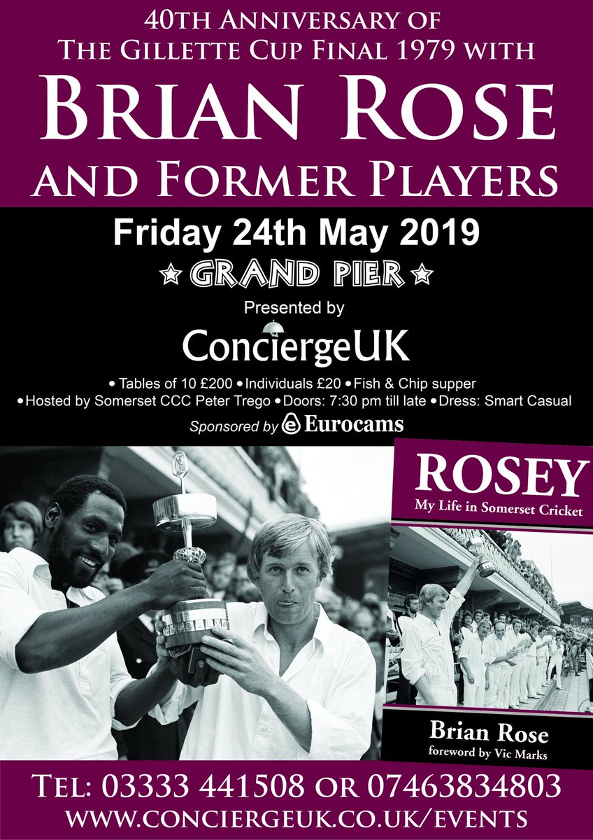 ConciergeUK's tweet photo. Just 10 tickets remaining for an evening with Brian Rose &amp; former players including the legend  @BeefyBotham more to follow........ @GrandPier @SomersetCCC #cricket #WeAreSomerset https://t.co/2PNt8yCbuV