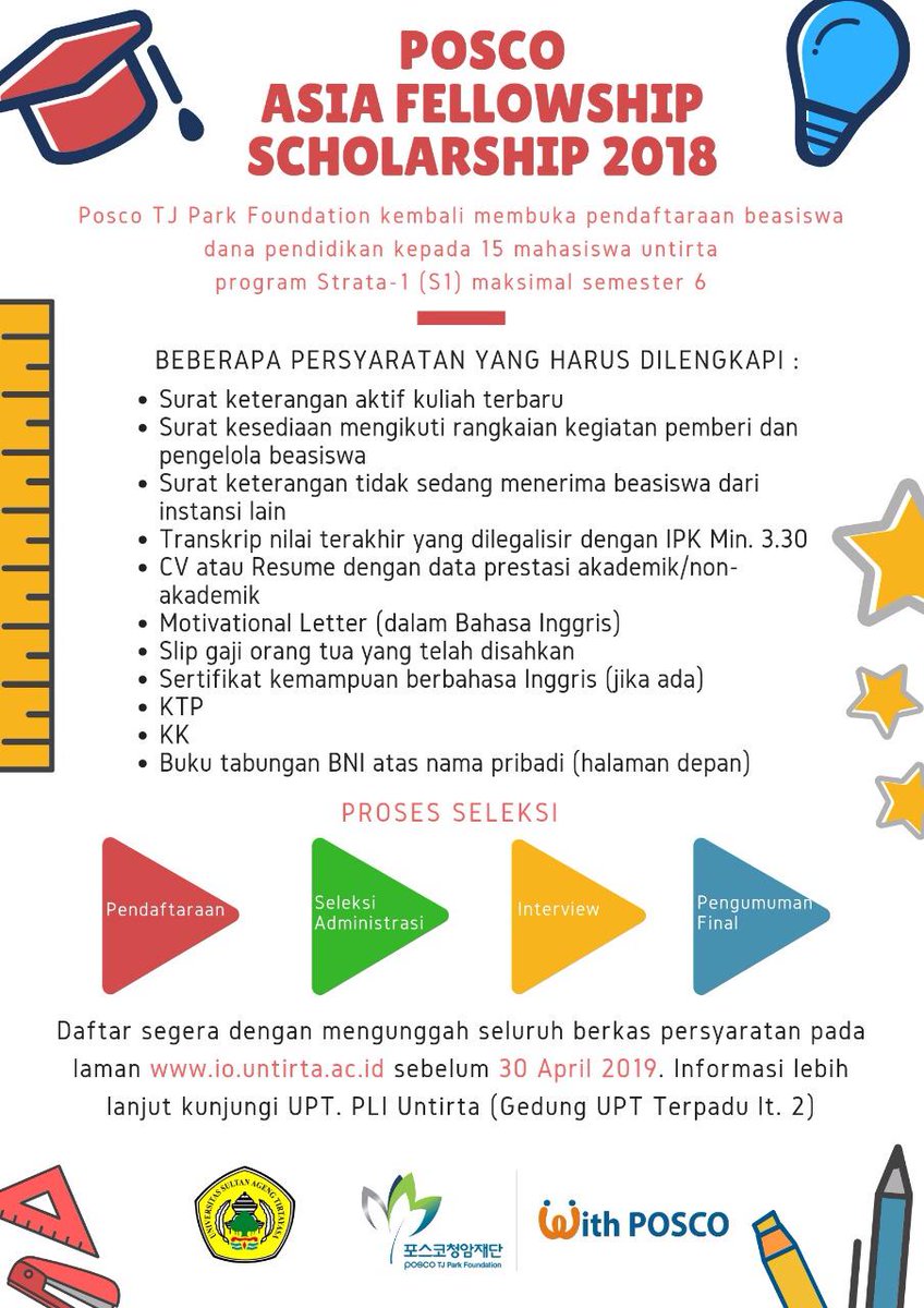 [INFO BEASISWA Posco TJ Park Foundation]

Hallo Tirtayasa muda!

Ada berita bagus buat kalian pemburu beasiswa

beasiswa POSCO Asia Fellowship.
 
Cek informasinya dibawah ini 👇