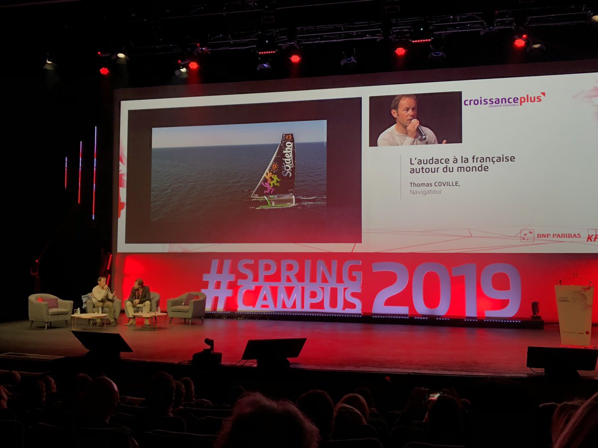 Se lever tôt un samedi pour écouter le navigateur Thomas Coville parler de sa carrière et de son nouveau bateau révolutionnaire qui est maintenant capable de rattraper le phénomène climatique en amont. Génial ! 👏 #springcampus2019 <a href="/Sodebo_Voile/">Sodebo Voile</a> <a href="/CroissancePlus/">CroissancePlus</a>