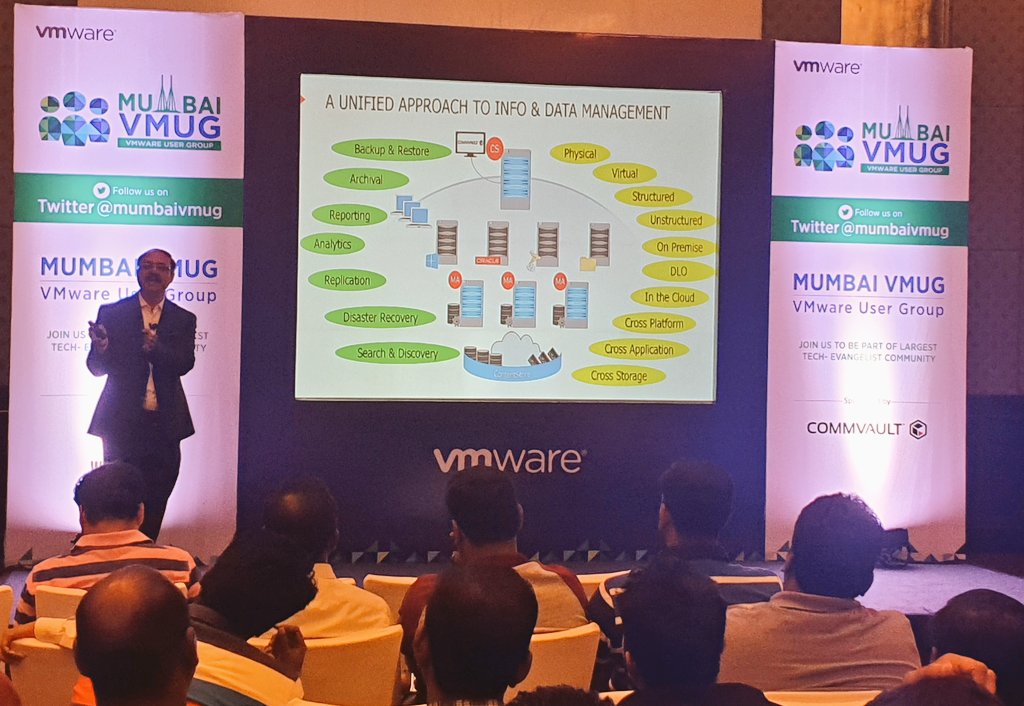 MumbaiVmug's tweet photo. Lalit Puranik taking the stage @MumbaiVmug @IndiaVMUG presenting VM Lifecycle Management using Commvault Data Protection @Commvault @CommvaultAPAC https://t.co/6qKLb5p6Aa