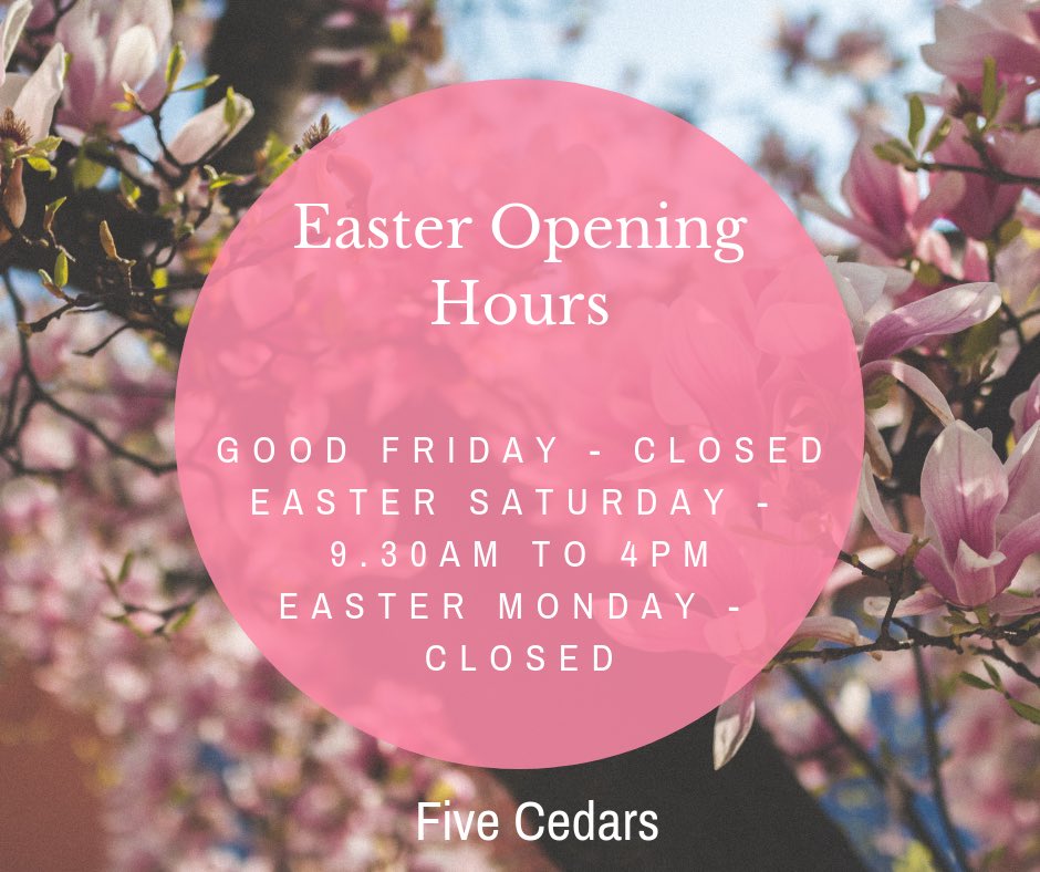 _FiveCedars_'s tweet photo. Our opening hours for next weekend π° π£ π
Enjoy the lovely long weekend when it arrives! π₯° #devon #middevon #tiverton #easter #bankholiday #spring #devonsalon #elemis https://t.co/ygxRJxVghS