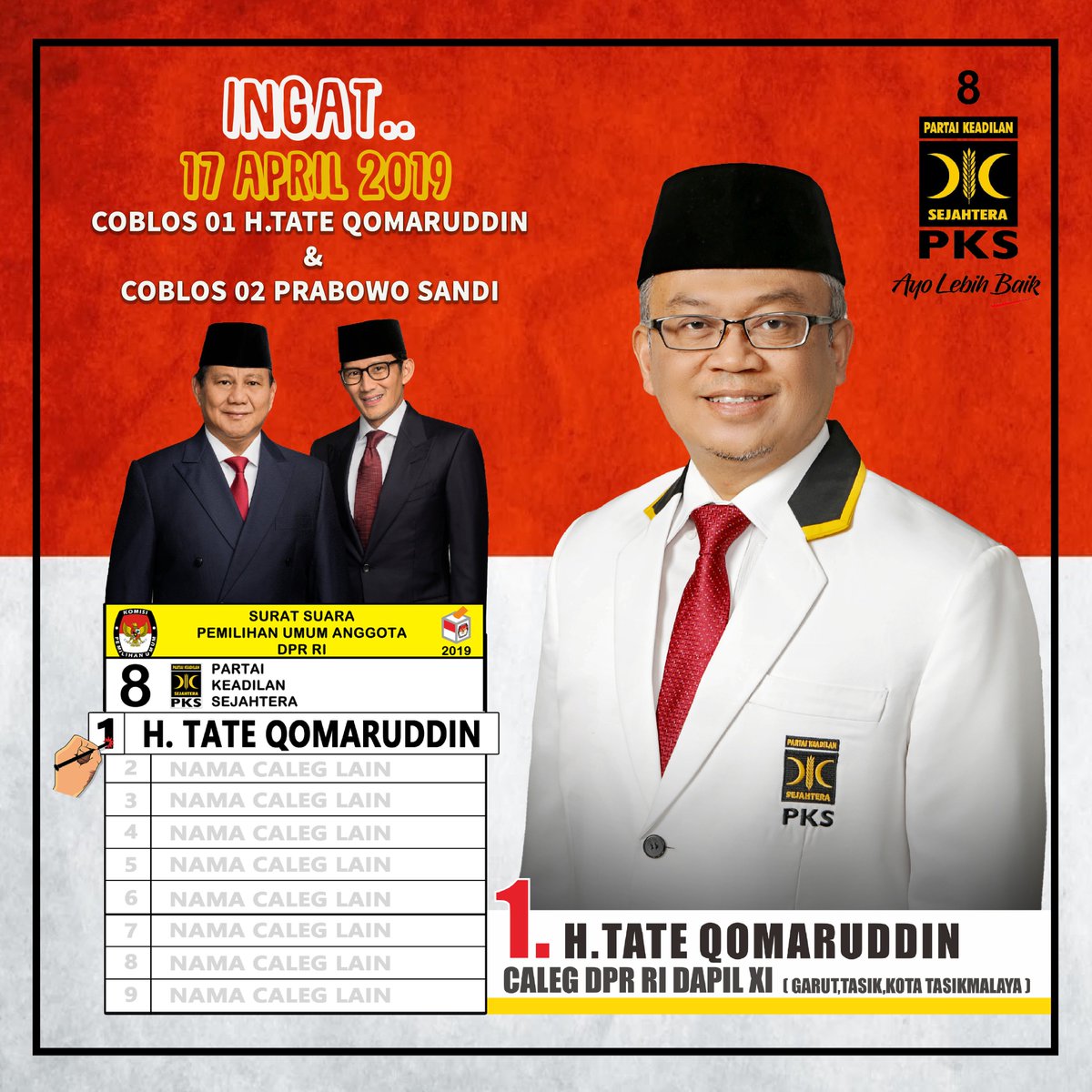 tate_qomaruddin's tweet photo. H-4 Bismillah.. Ketika Kemenangan itu sudah semakin dekat, 17 april nanti ayo langkahkan kaki untuk datang ke TPS.
Jgn sia-siakan hak pilihmu
Coblos Partai PKS Nomor 8
Coblos H.Tate Qomaruddin 01
Coblos Presiden Nomor 02
#tateqomaruddin #2019PilihPKS #pemilu2019amandamaisejuk https://t.co/QKjPnyZfUL
