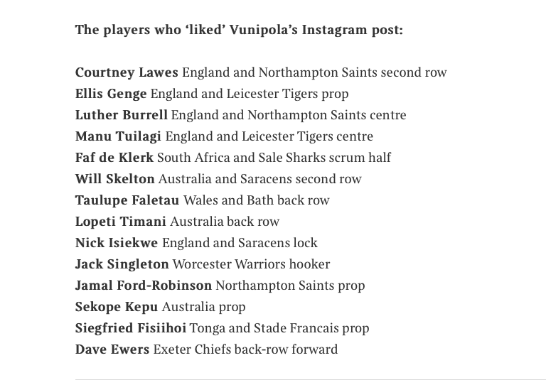 List of players who "liked" IF's Instagram post from Owen Slot's column in The Times.