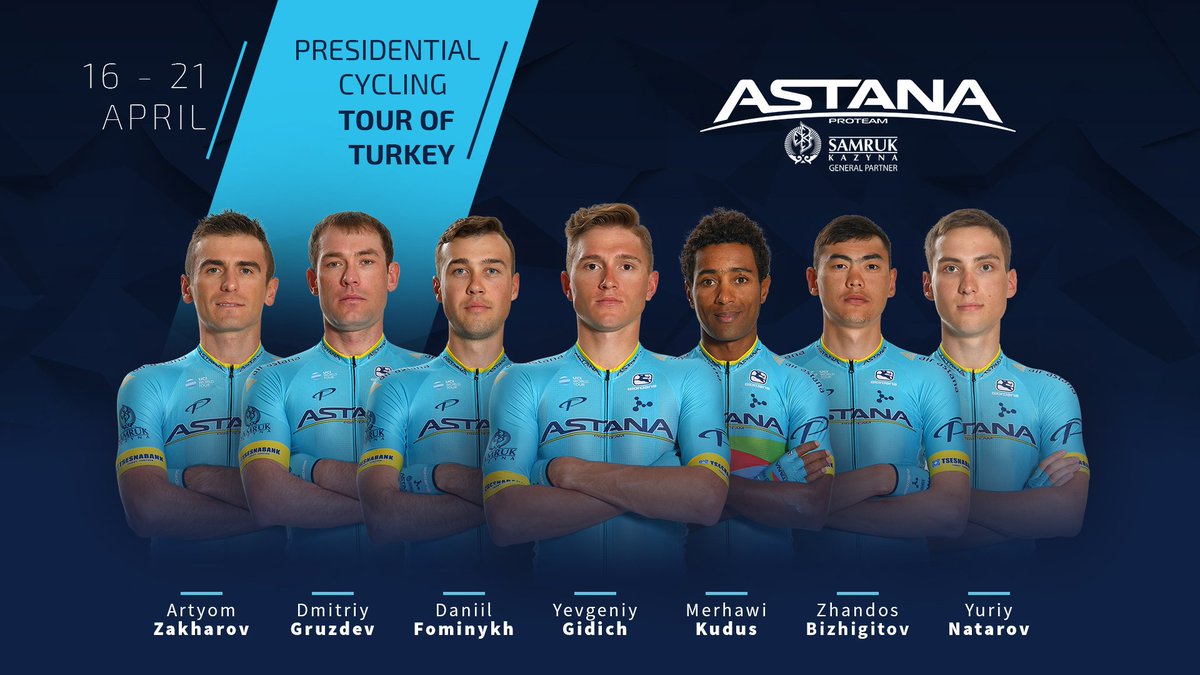 XDSAstanaTeam's tweet photo. Our team for @tourofturkeyTUR:
Zhandos Bizhigitov
Daniil Fominykh
Dmitriy Gruzdev
Yevgeniy Gidich
@MeraKudus 
Yuriy Natarov
Artyom Zakharov
#TUR2019
#AstanaProTeam
#AlgaAstana https://t.co/lx9a9769pf