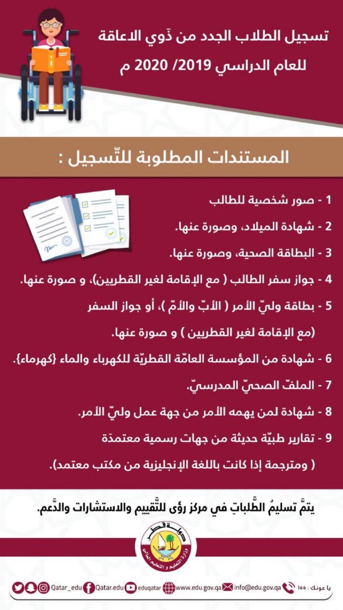 Qatar_Edu's tweet photo. ما هي المستندات المطلوبة  لتسجيل الطلاب الجدد من  ذَوي الاعاقة للعام الدراسي 2019/ 2020 م؟! 
تعرف على التفاصيل ... 
#وزارة_التعليم https://t.co/z0S8vKOPrM