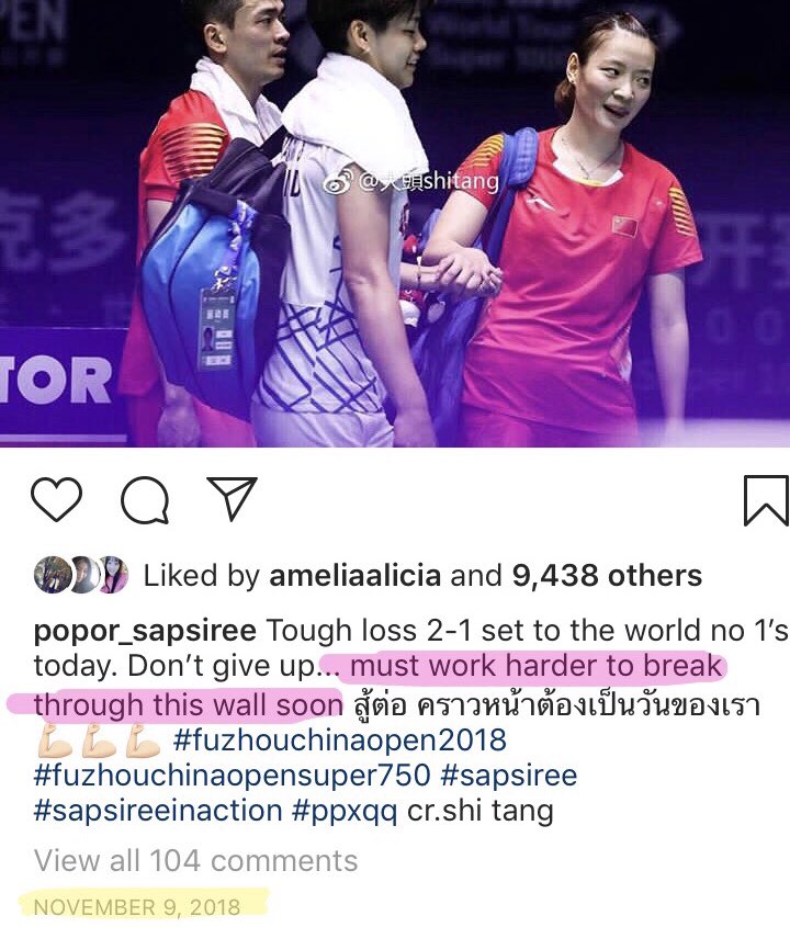 4 months after, the wall has finally been broken. When you work hard enough, everything is possible 💪🏻💪🏻

Sapsiree/ Dechapol records their first win over Zheng Siwei/ Huang Yaqiong today in Singapore open 2019