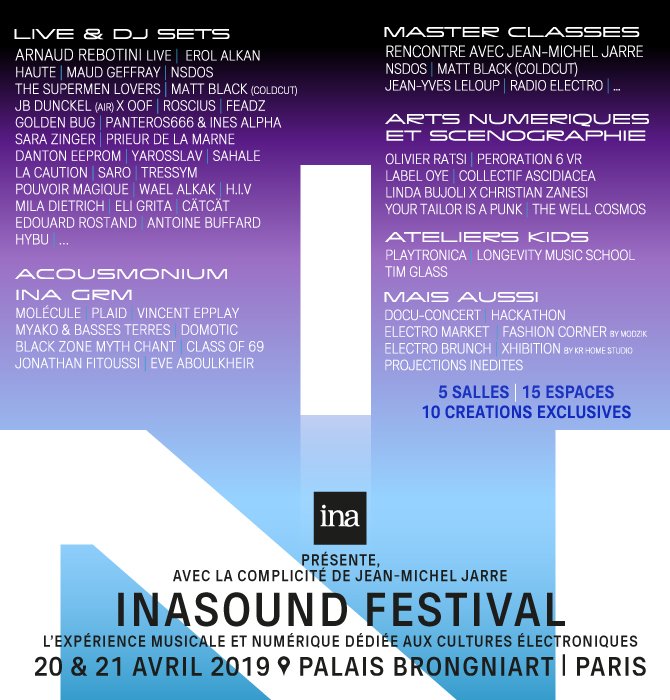 Jabinader's tweet photo. Dans 1 semaine jour pour jour, nous serons en train de finaliser les détails du Festival #Inasound conçu par @Ina_audiovisuel. Ouverture des portes à 14h30 le 20/04 au @PalaisB. Une expérience musicale et numérique dédiée aux cultures électro... + de 60 artistes, + de 30 live https://t.co/BVAYCO24cl
