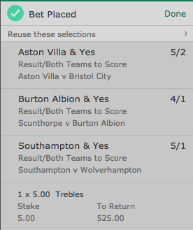 mrfixitstips's tweet photo. Today's #TwitterTreble pays a healthy £525.00 for a Fiver.
To Win & BTTS
⚽️ Southampton
⚽️ Aston Villa
⚽️ Burton Albion
As ever, Follow me and retweet for the chance to win the Betslip if it wins.
(18+ Be GambleAware) https://t.co/MrU6NuNvHQ