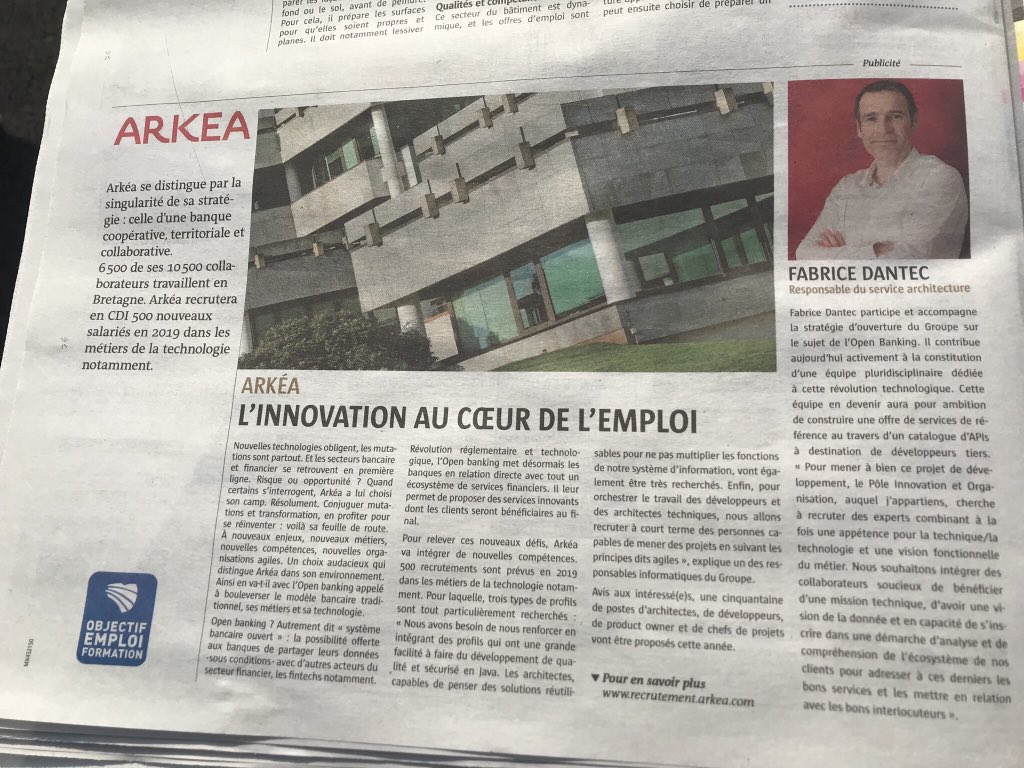 MorganMarzin's tweet photo. Après @Arkea_Samsic dans @lequipe et la presse régionale ce matin @cmarkea encore présent dans @LeTelegramme avec l’innovation au cœur de l’emploi et @dantecf en fer de lance #WeAreOneTeam @WeAreArkea https://t.co/dsj7sEkTrl