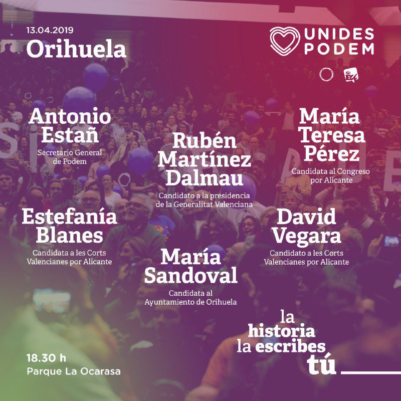 💜 Os esperamos esta tarde a las 18:30h en #Orihuela, en el parque de la Ocarasa donde dará comienzo la campaña de #UnidasPodemos en la provincia de Alicante. #LaHistoriaLaEscribesTú