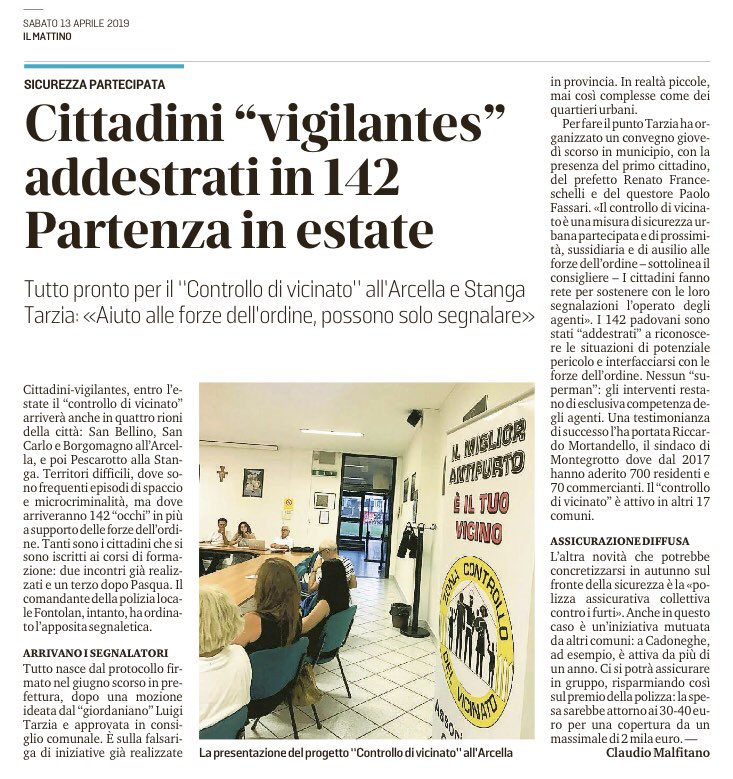 Luigi_Tarzia's tweet photo. #Padova #SicurezzaPartecipata In evidenza sulla stampa locale il buon esito del convegno di giovedì sera sul “Controllo del Vicinato”. Misura di ausilio alle forze dell’ordine analizzata dai relatori sotto varie angolazioni: politiche, tecniche e sociali. https://t.co/j0brf8VBOv