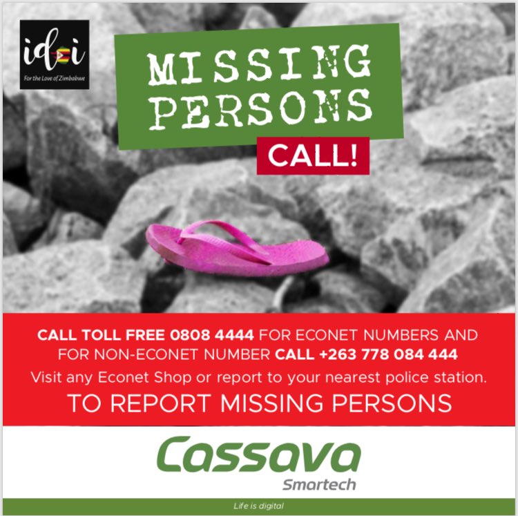 EcoCashHoldings's tweet photo. If you are still missing your loved ones please report.. Together we will overcome 💚
#CycloneIdai
#MissingPersons https://t.co/UPfMVRFXz9
