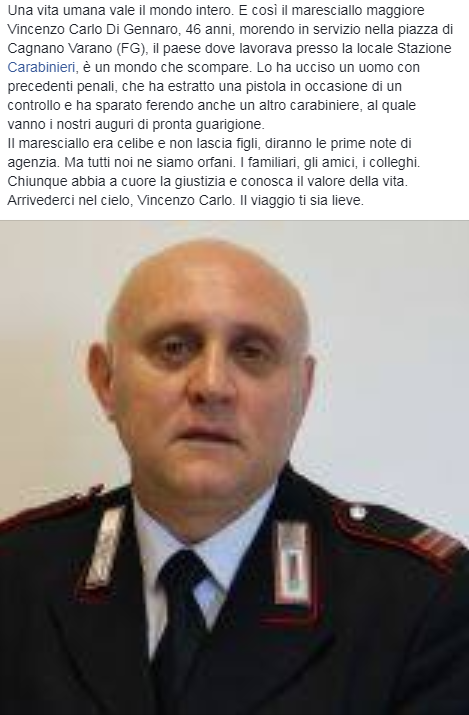 L’Arma dei #Carabinieri si stringe compatta attorno ai familiari del Mar. Magg. Vincenzo Carlo di Gennaro, deceduto in servizio di pattuglia a Cagnano Varano (FG). Auguri di pronta guarigione al Car. Pasquale Casertano, rimasto ferito. #13aprile