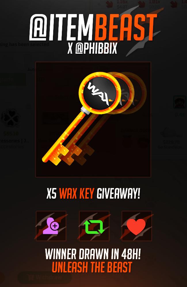 PhibbiX's tweet photo. 🎁12,5$  GIVEAWAY 🎁 

💎5x  WAX KEYS 💎 

✅Follow  @ItemBeast + @PhibbiX 
✅RT + LIKE
✅TAG 2 FRIENDS

⏱️48 hours

UNLEASH THE BEAST                          

#vgo #vgogiveaway 
 @wax_io @VGO_gg https://t.co/4mgdPRRHF9