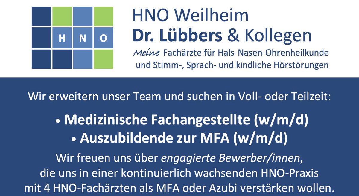 drluebbers's tweet photo. Suche für meine HNO-Praxis in Weilheim in Oberbayern eine Medizinische Fachangestellte (f/m/d) und eine Auszubildende. Bei Interesse freue ich mich über eine online Bewerbung (https://t.co/pfr7PEJP4J) oder eine DM an mich. 
#Stellenangebot @hnoweilheim #MFA #Azubi #HNO #Weilheim https://t.co/4TZZqn7TCC