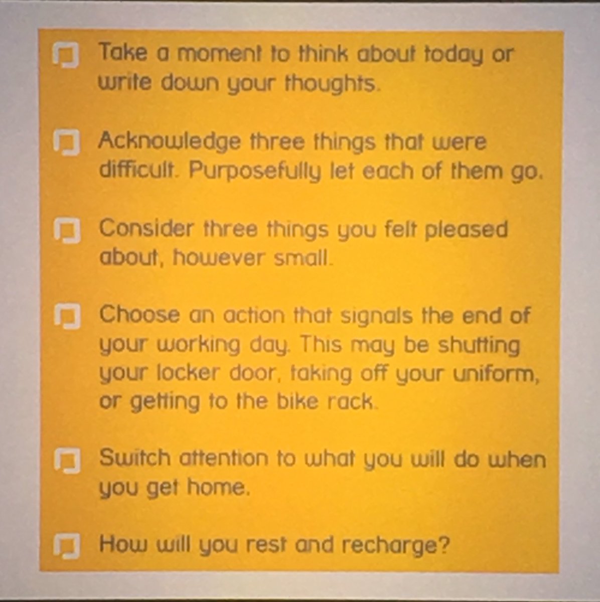 charkennedyEM's tweet photo. Great ‘end of shift checklist’ from Mind highlighted by @DrJimboFish #TASME19 https://t.co/5eJA6CaqFW