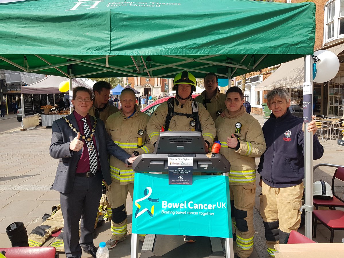 Only 2 hours left of our brave firefighter's 24 hour treadmill challenge to raise funds for Bowel Cancer. Please pop by Market Place by 1pm to show your support! @bowelcanceruk @firefighters999