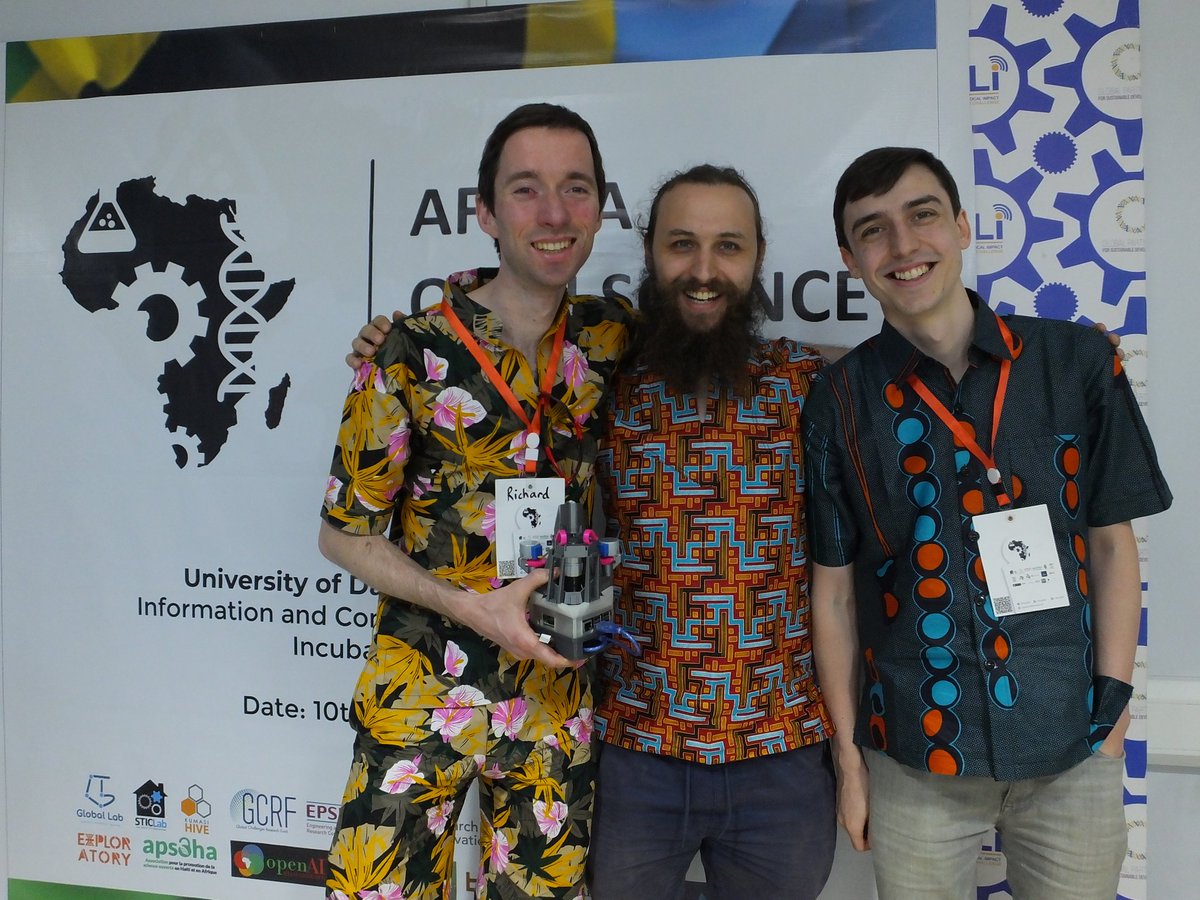 mindnumbed's tweet image. Joel, Julian and Richard looking good at #AfricaOSH19 after our #openflexure microscope workshop!