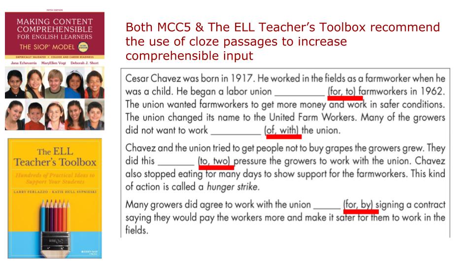 TanKHuynh's tweet photo. Both MCC5 &amp; The ELL Teacher’s Toolbox recommend the use of cloze passages to increase comprehensible input. @Jechev @SIOPModel @Larryferlazzo #ellchat_bkclub #esl #eal https://t.co/TLi9CdnSgi