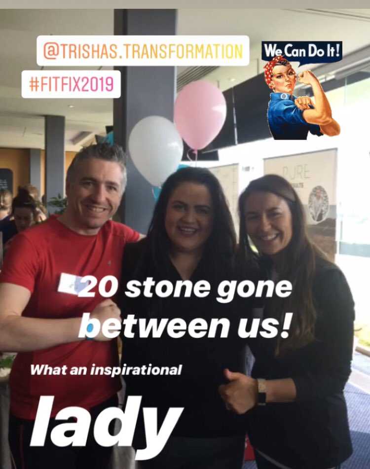 robcullen79's tweet photo. Having a ball @pureresults_ie #FitFix2019 and bumped into this inspirational lady , between the 3 of us we’ve lost over 20 stone #trishastransformation https://t.co/qgV5nvZJ92
