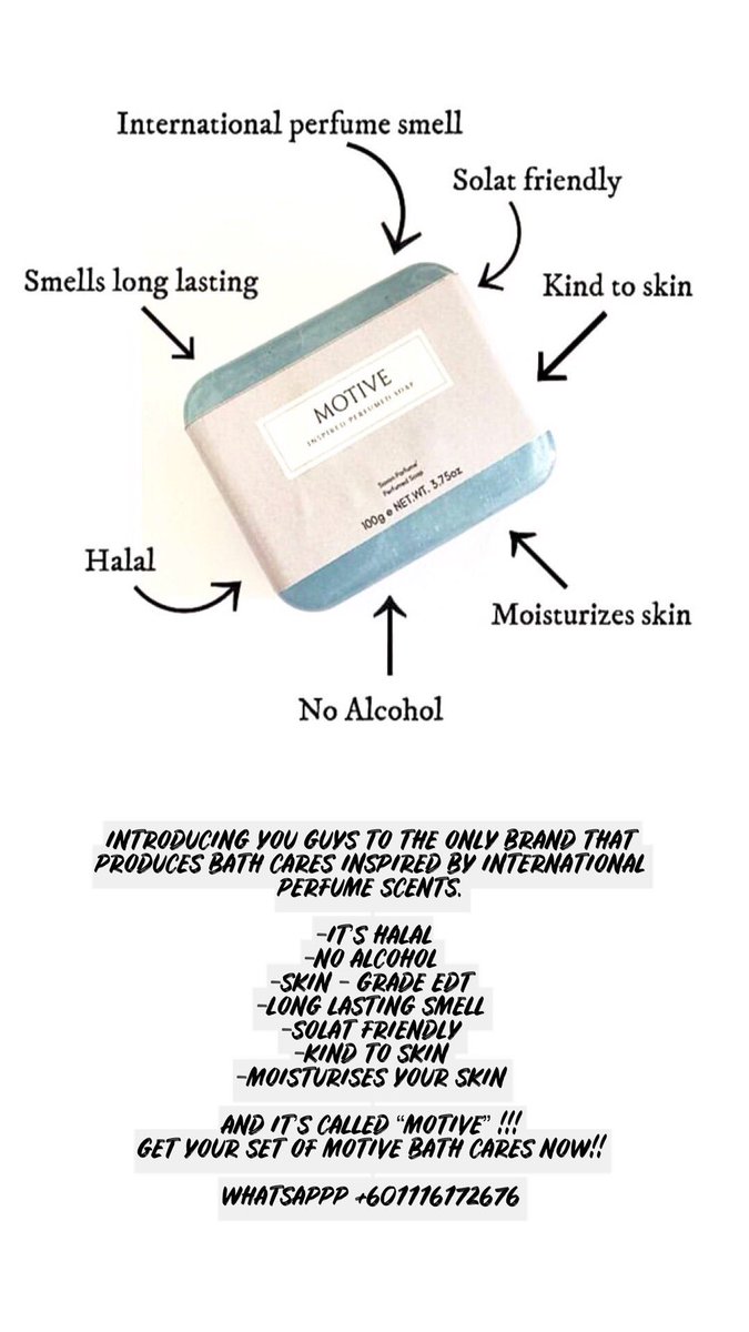 zealousism's tweet photo. * HALAL
* NO ALCOHOL 
* SKIN - GRADE EDT 
* LONG LASTING SMELL 
* SOLAT FRIENDLY 
* KIND TO SKIN 
* MOISTURISES YOUR SKIN 
AND IT’S CALLED “MOTIVE” !!! 
GET YOUR SET OF MOTIVE BATH CARES NOW!! https://t.co/PexNa4H8pp