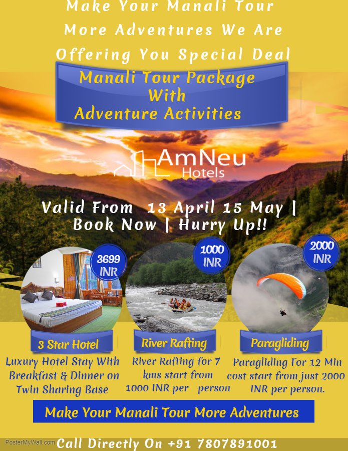 Manali Tour Package With Adventure Activities- Book Your Manali Tour With &amp; Make It More Adventures. We Are Offering Special Deal On Hotels, Rafting &amp; Paragliding. To Know More About Hotel Visit mountaintophotel.com | Call At +91 7807891001 #manalitourpackage #adventuremanali