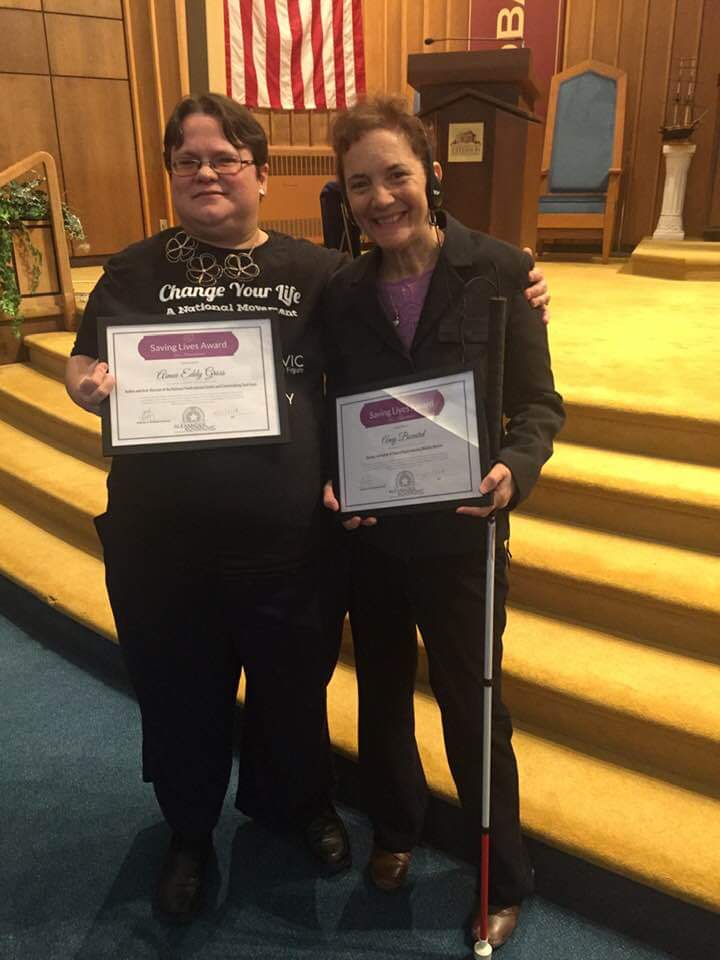 AimeeEddyGross's tweet photo. Aimee and Amy winning saving lives award Friday night at Jefferson educational center in Erie PA.  
#inspirational #bullying #blindauthor #mentalillness https://t.co/8LjvbVM0mT