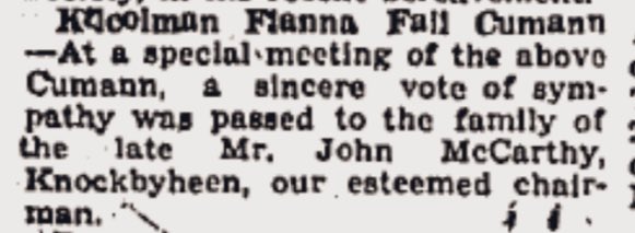 John McCarthy (b.1881 Camas, Monagea - d.1947 #Knockbweeheen, Kilcolman) was Chairman of the Kilcolman Fianna Fáil Cumann.  #WestLimerick <a href="/LimerickFiannaF/">Limerick Fianna Fail</a> <a href="/fiannafailparty/">Fianna Fáil</a> <a href="/LimkGenealogy/">Limerick Genealogy</a>