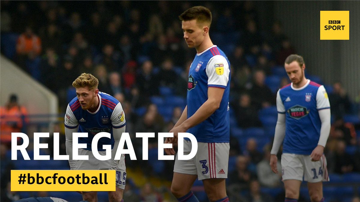 BBCSport's tweet photo. FT: Ipswich 1-1 Birmingham

Ipswich Town have been relegated to League One.

#bbcefl https://t.co/bMKHQ8bO1O https://t.co/mozBdKIyGo