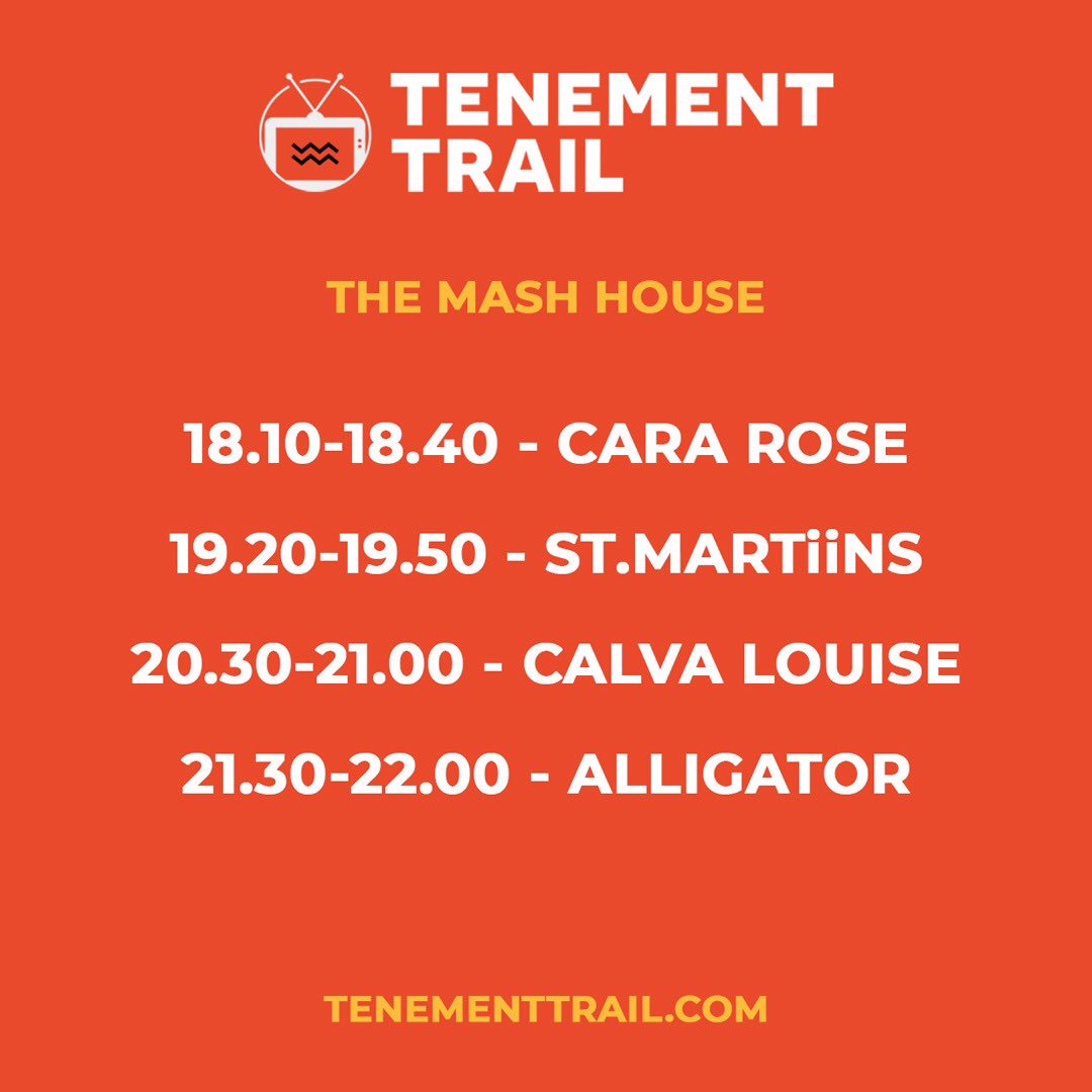 Here’s the times for the Tenement Trail stage at <a href="/widedays/">Wide Days</a> today! <a href="/themashhouse/">The Mash House</a> <a href="/alligatorgla/">𝐀𝐋𝐋𝐈𝐆𝐀𝐓𝐎𝐑</a> <a href="/calvalouise/">Calva Louise</a> @stmartiins &amp; Cara Rose
