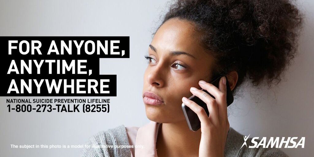 samhsagov's tweet photo. SAMHSA continues to support the National Suicide Prevention Lifeline @800273TALK (8255). Help is available. Speak confidentially to a trained crisis counselor 24/7/365 https://t.co/BZNbCO9cJY https://t.co/Ovq5agjGwC